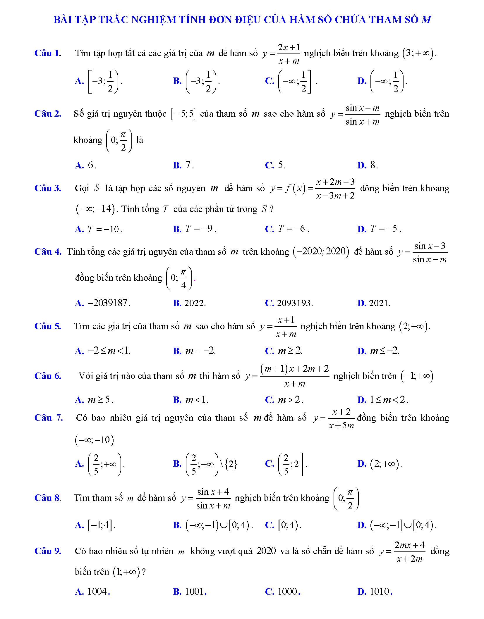 Trắc nghiệm tìm m để hàm số đơn điệu 1