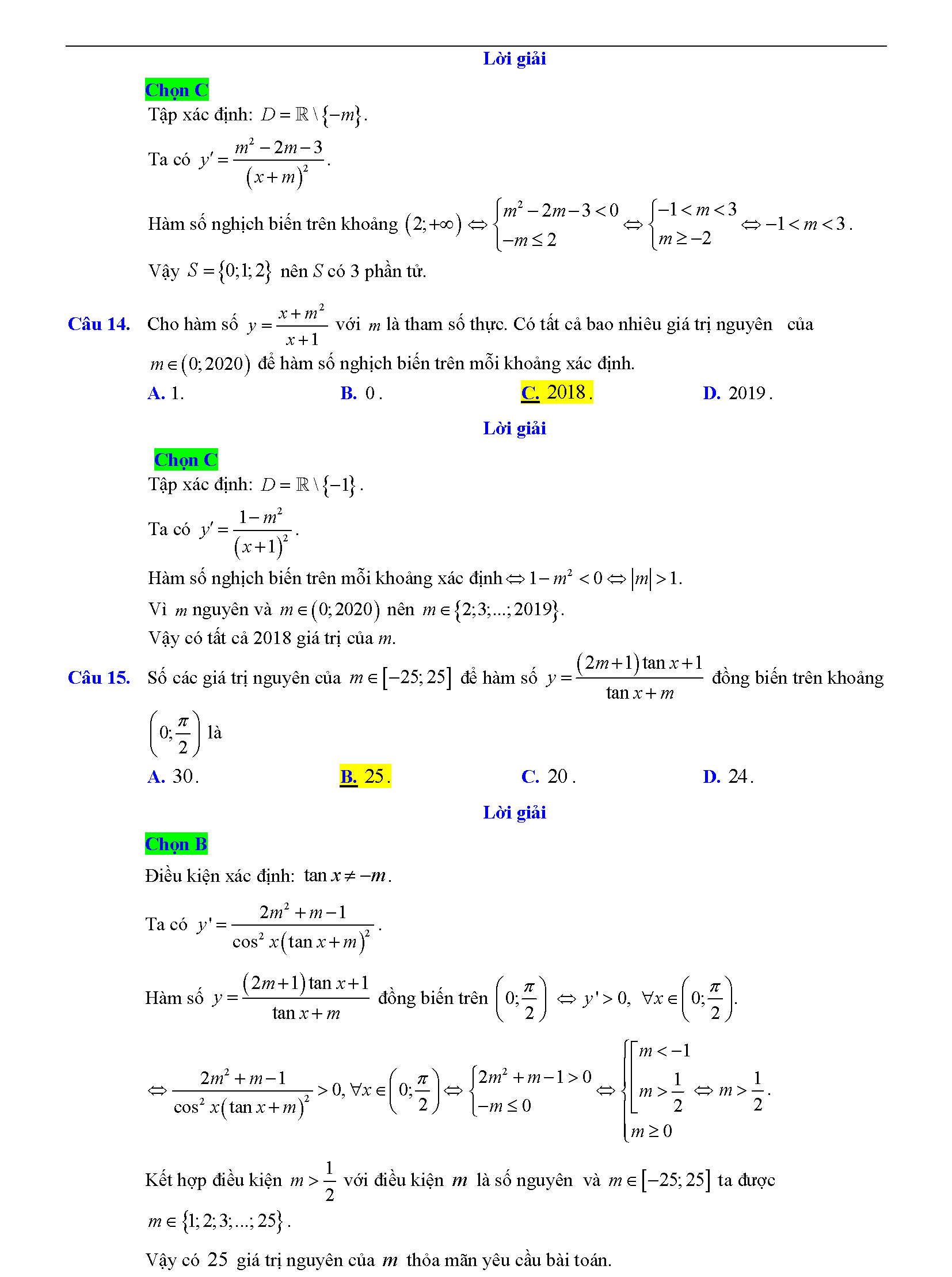 Trắc nghiệm tìm m để hàm số đơn điệu 12
