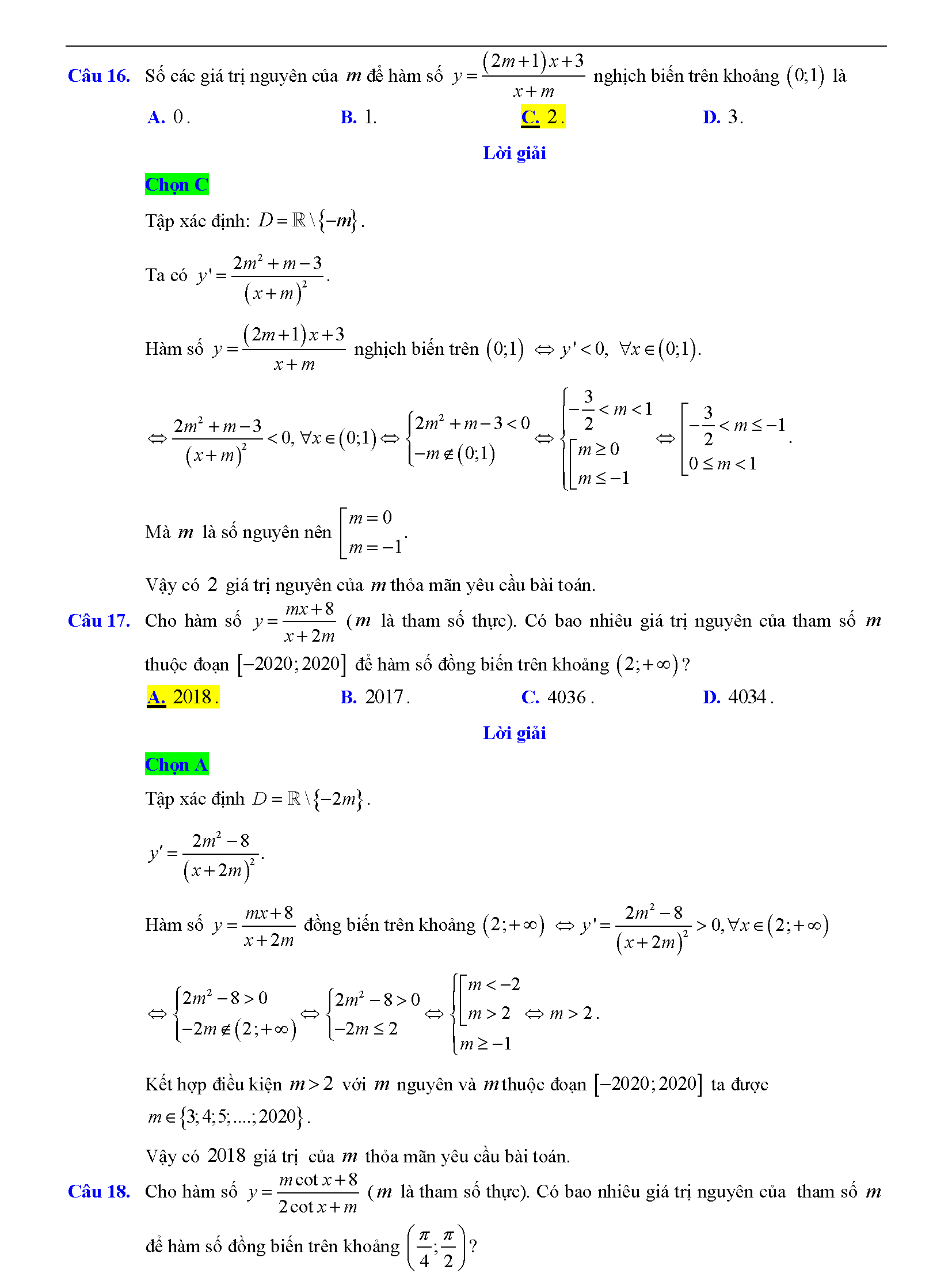Trắc nghiệm tìm m để hàm số đơn điệu 13