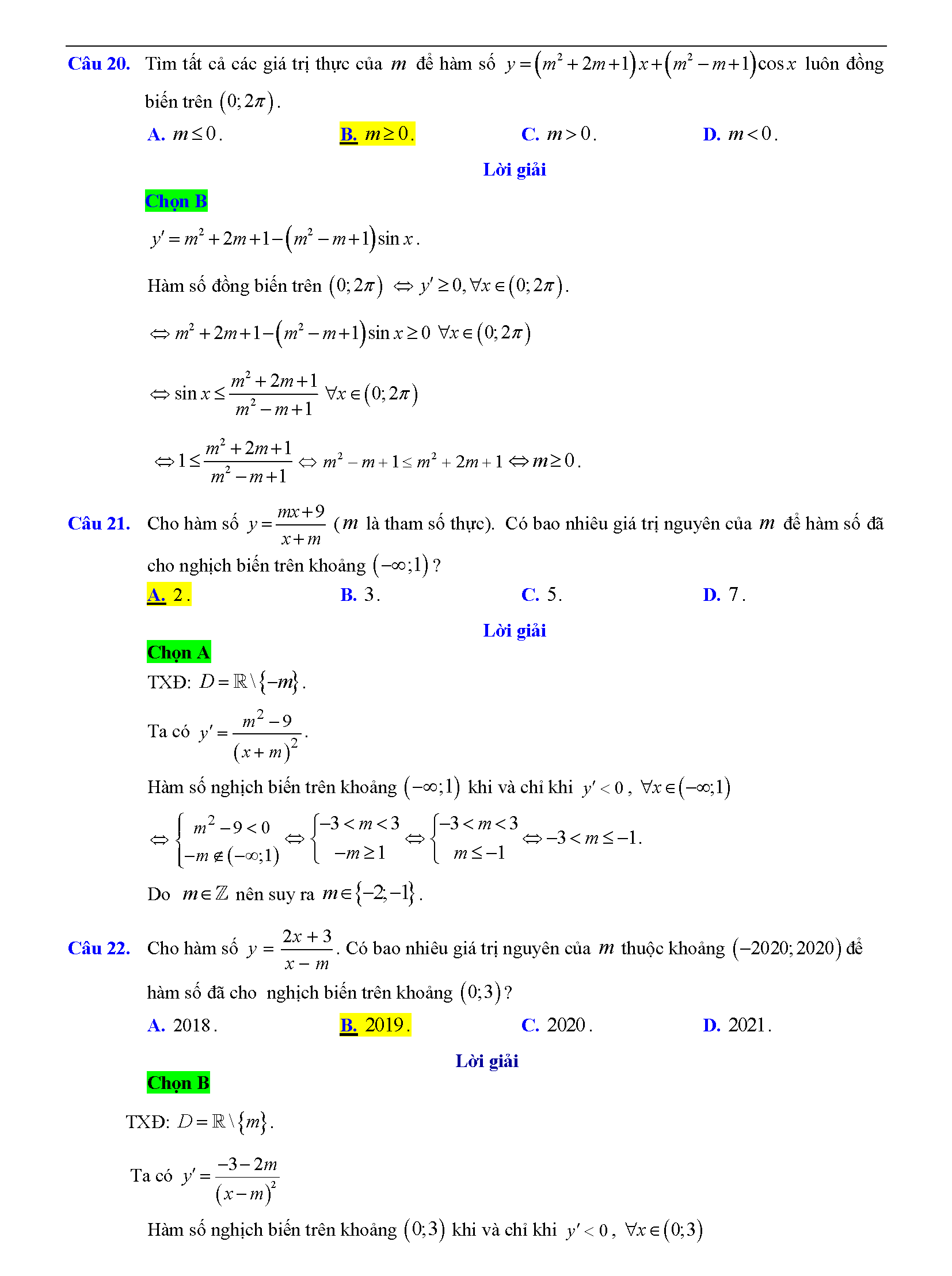 Trắc nghiệm tìm m để hàm số đơn điệu 15