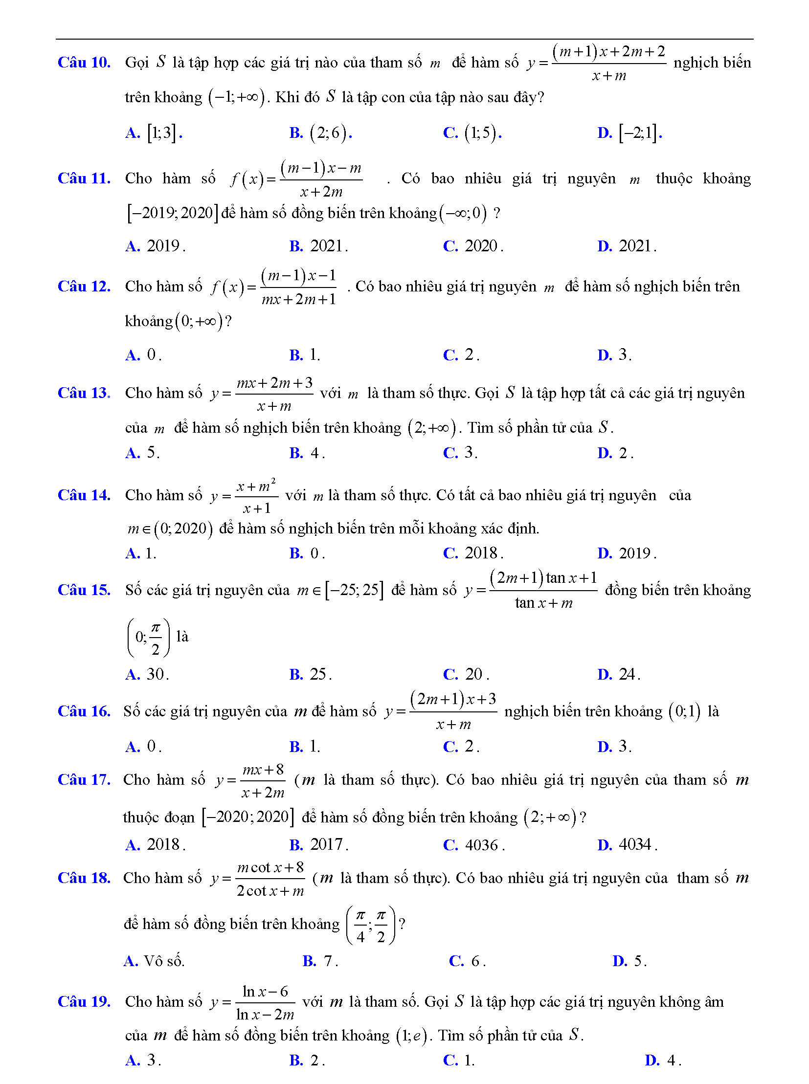 Trắc nghiệm tìm m để hàm số đơn điệu 2