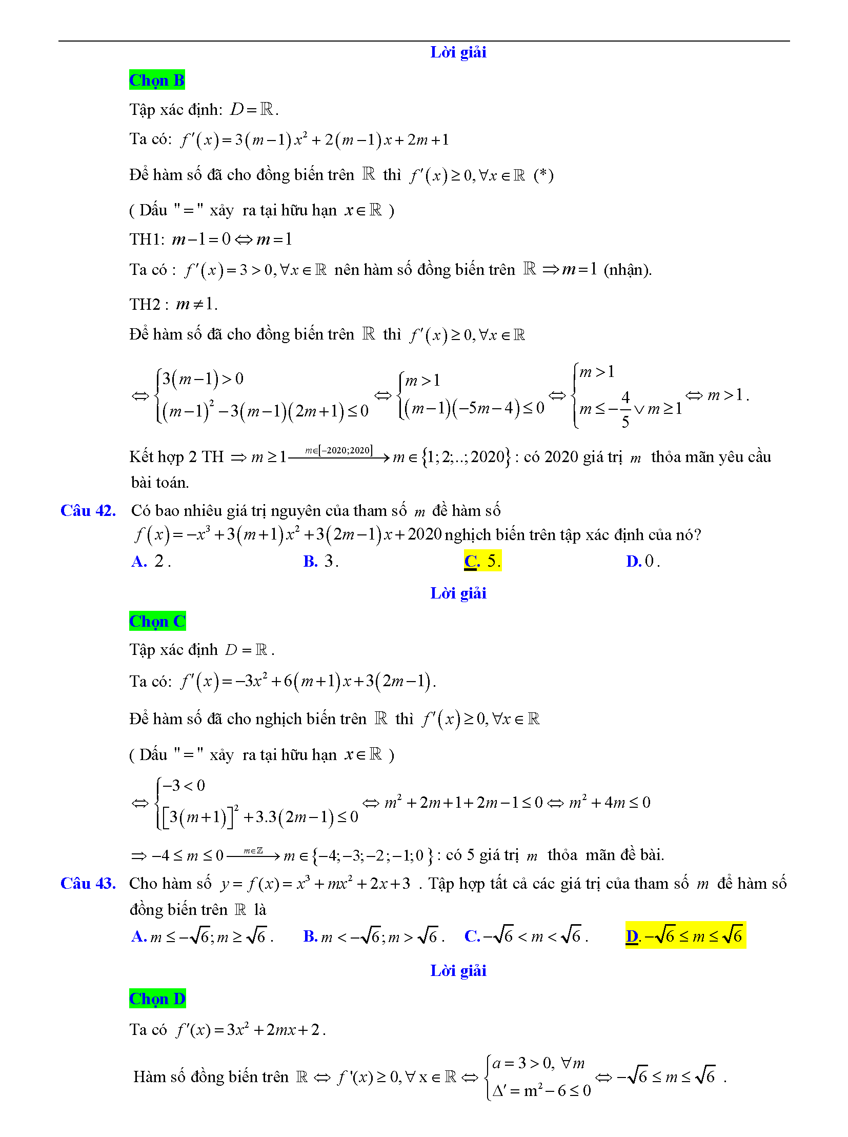 Trắc nghiệm tìm m để hàm số đơn điệu 25