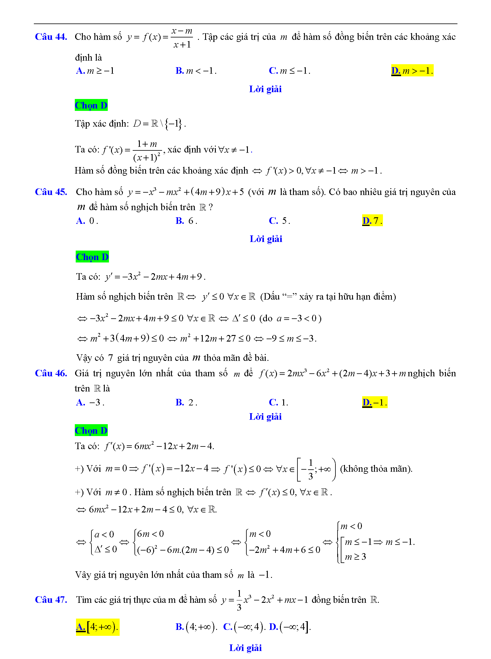Trắc nghiệm tìm m để hàm số đơn điệu 26