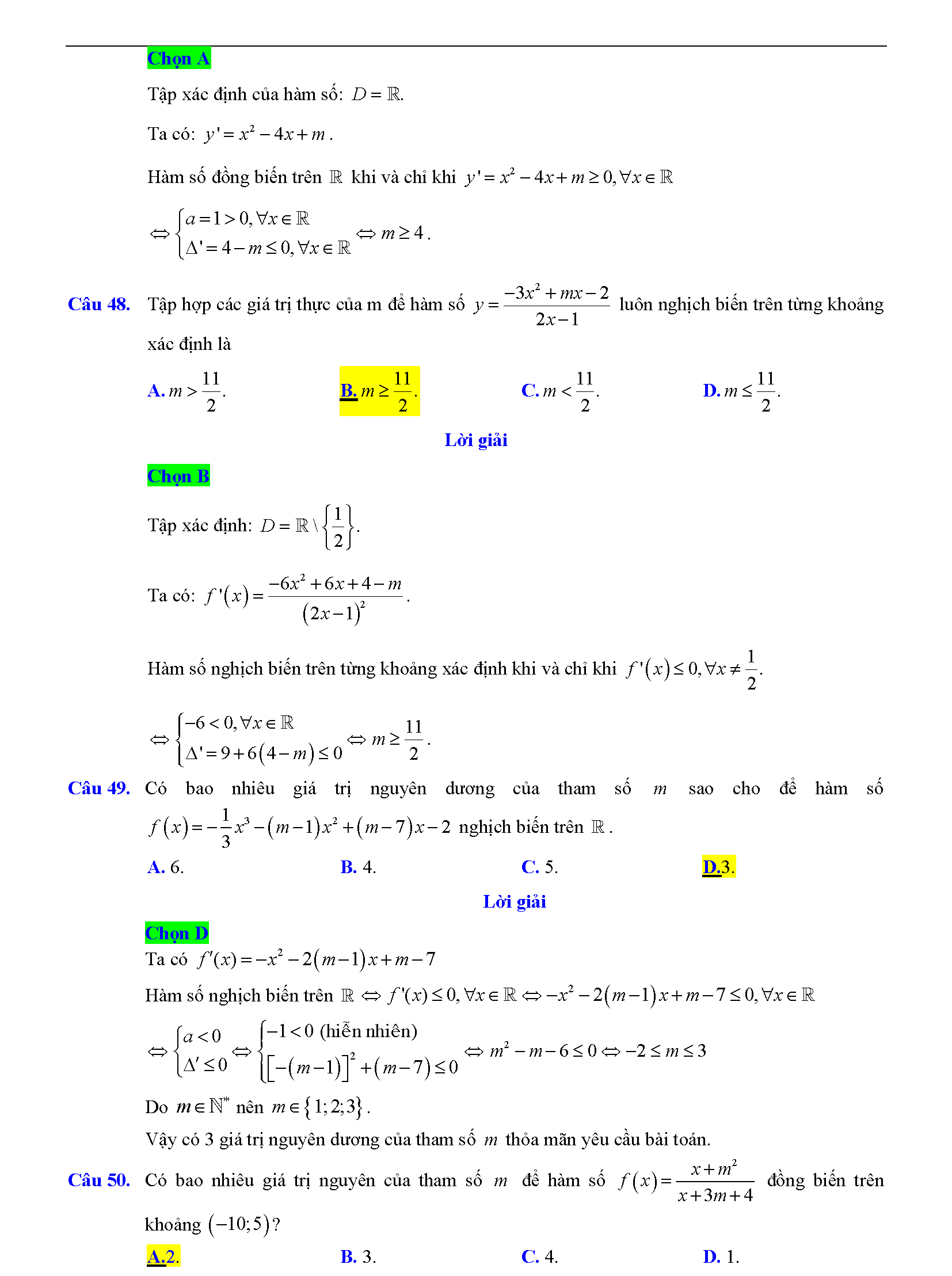 Trắc nghiệm tìm m để hàm số đơn điệu 27