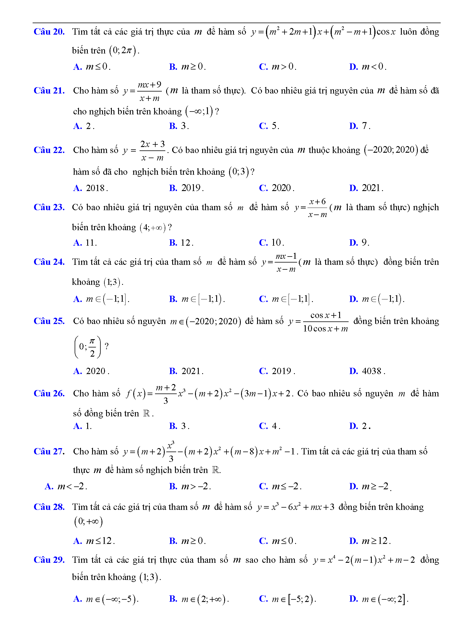 Trắc nghiệm tìm m để hàm số đơn điệu 3
