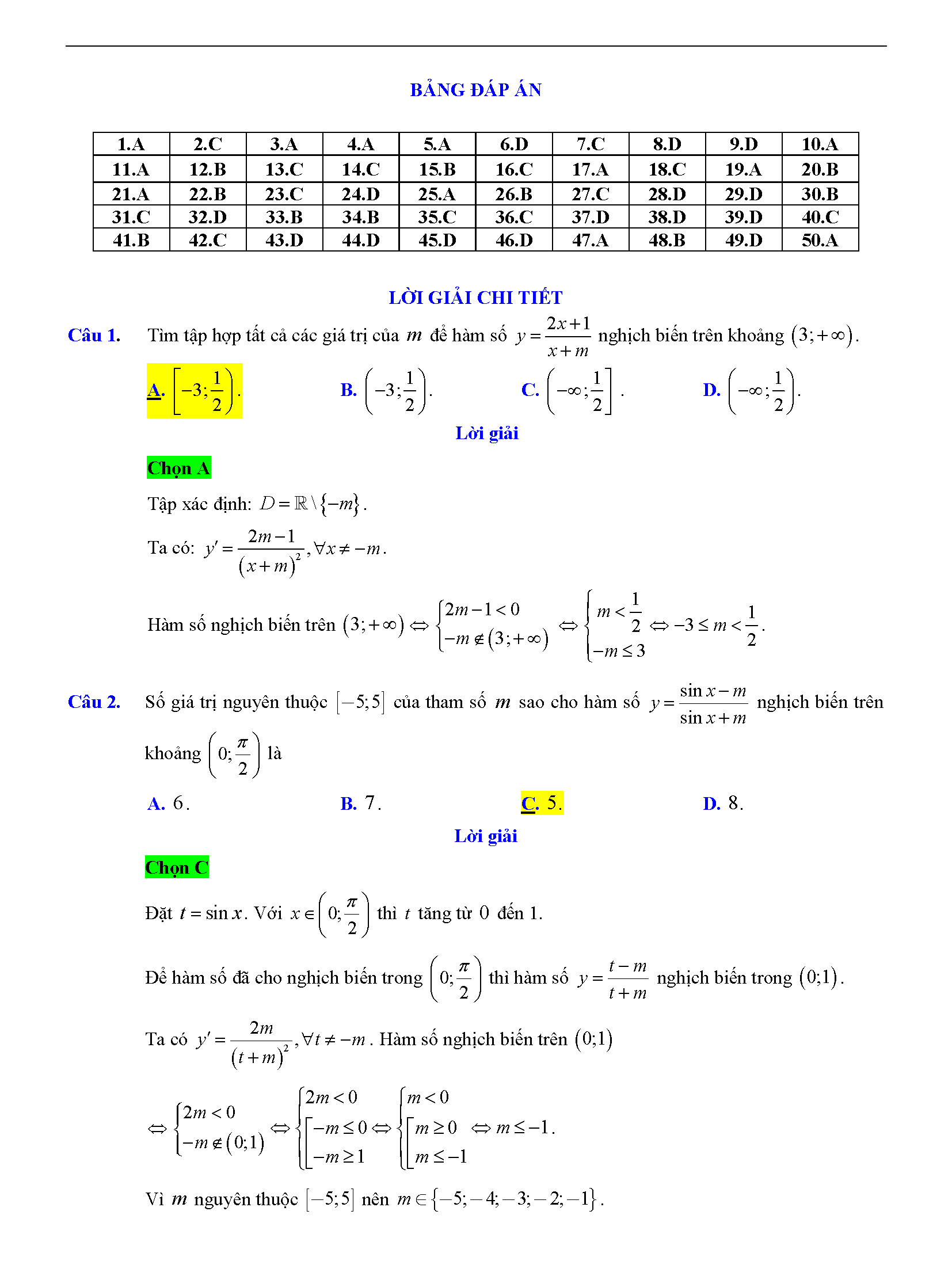 Trắc nghiệm tìm m để hàm số đơn điệu 7