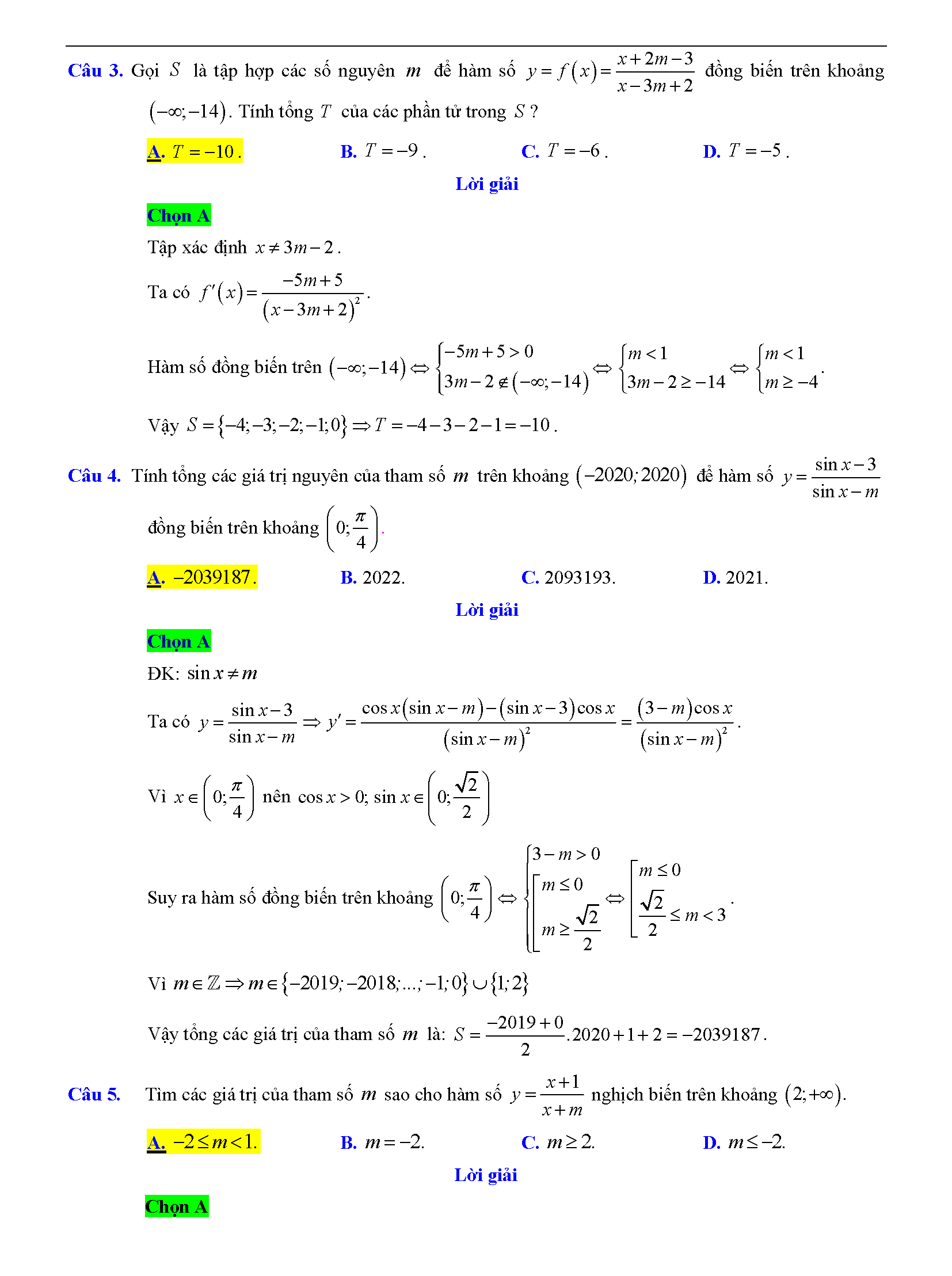 Trắc nghiệm tìm m để hàm số đơn điệu 8