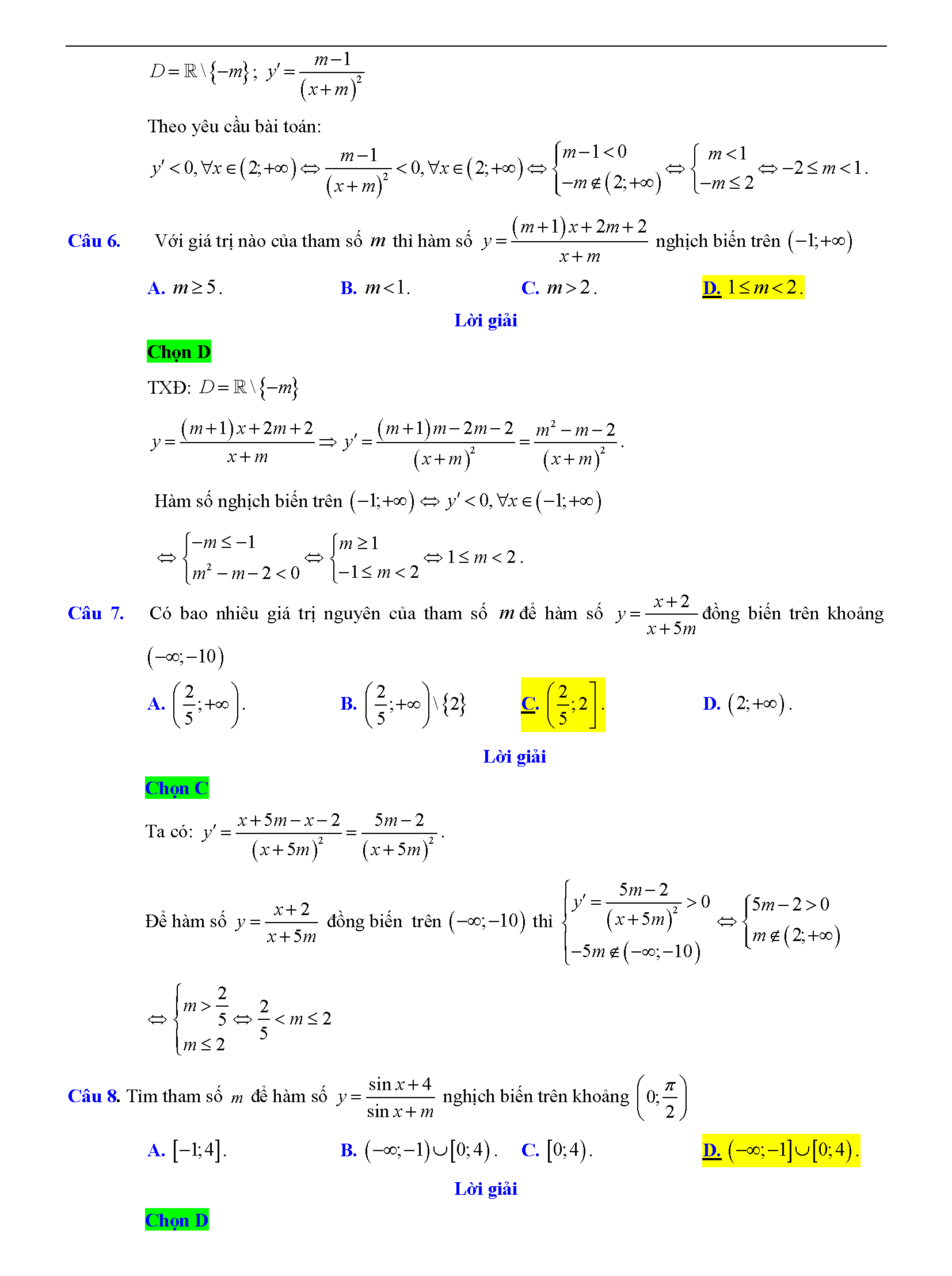 Trắc nghiệm tìm m để hàm số đơn điệu 9